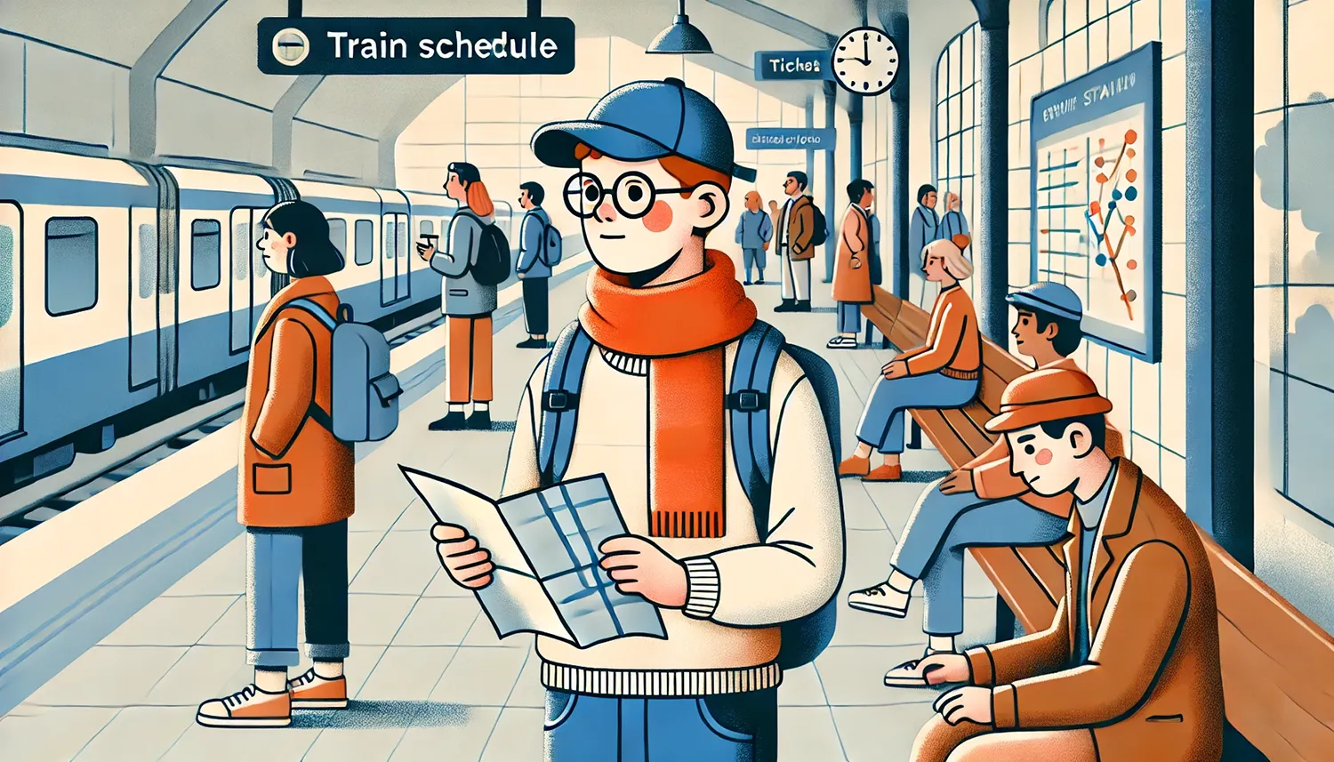 Illustration einer Person mit Beeinträchtigung die am Bahnhof steht. Anfrage an Institutionen für Menschen mit Behinderung.