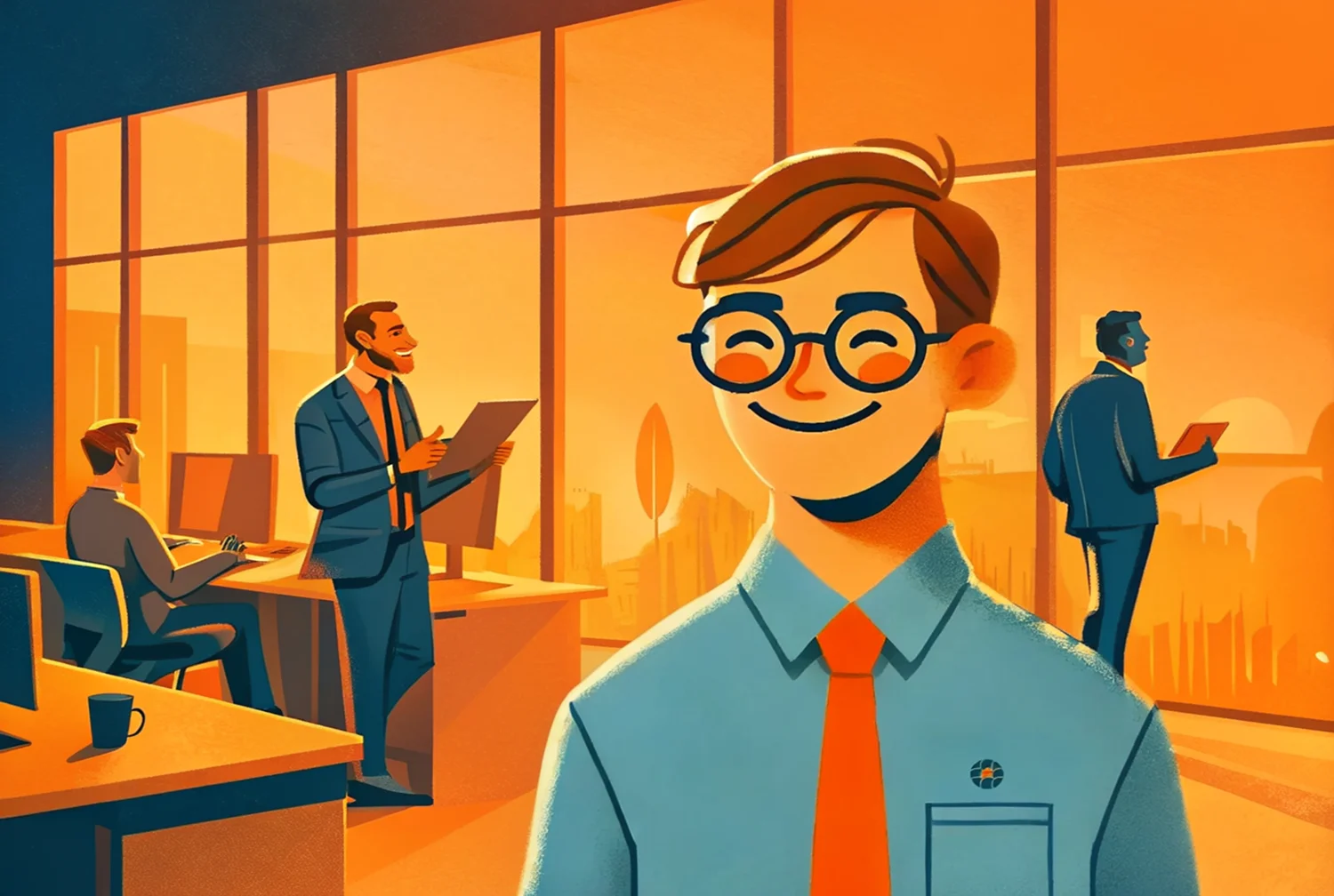 Illustration eines Job-Coach-Charakters in einem modernen Büro, der zwischen Mitarbeitenden einer Institution an Schreibtischen und einem Unternehmensvertreter vermittelt, in Orange- und Blautönen.