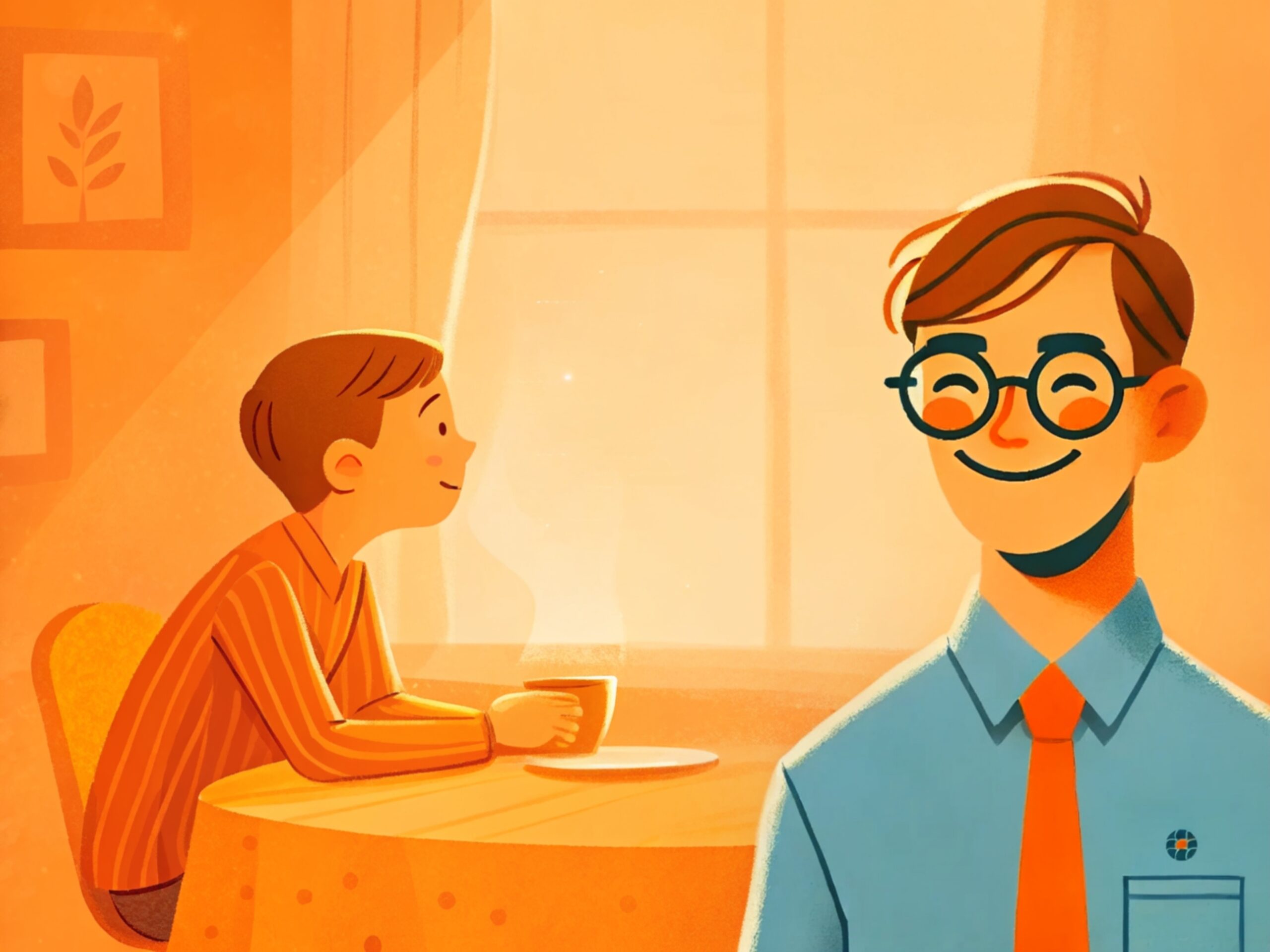 Ein Elternteil spricht am Küchentisch mit seinem erwachsenen Kind mit Behinderung. Die Szene vermittelt Fürsorge, Sorgen und Vertrauen in Orange-Blau-Tönen.