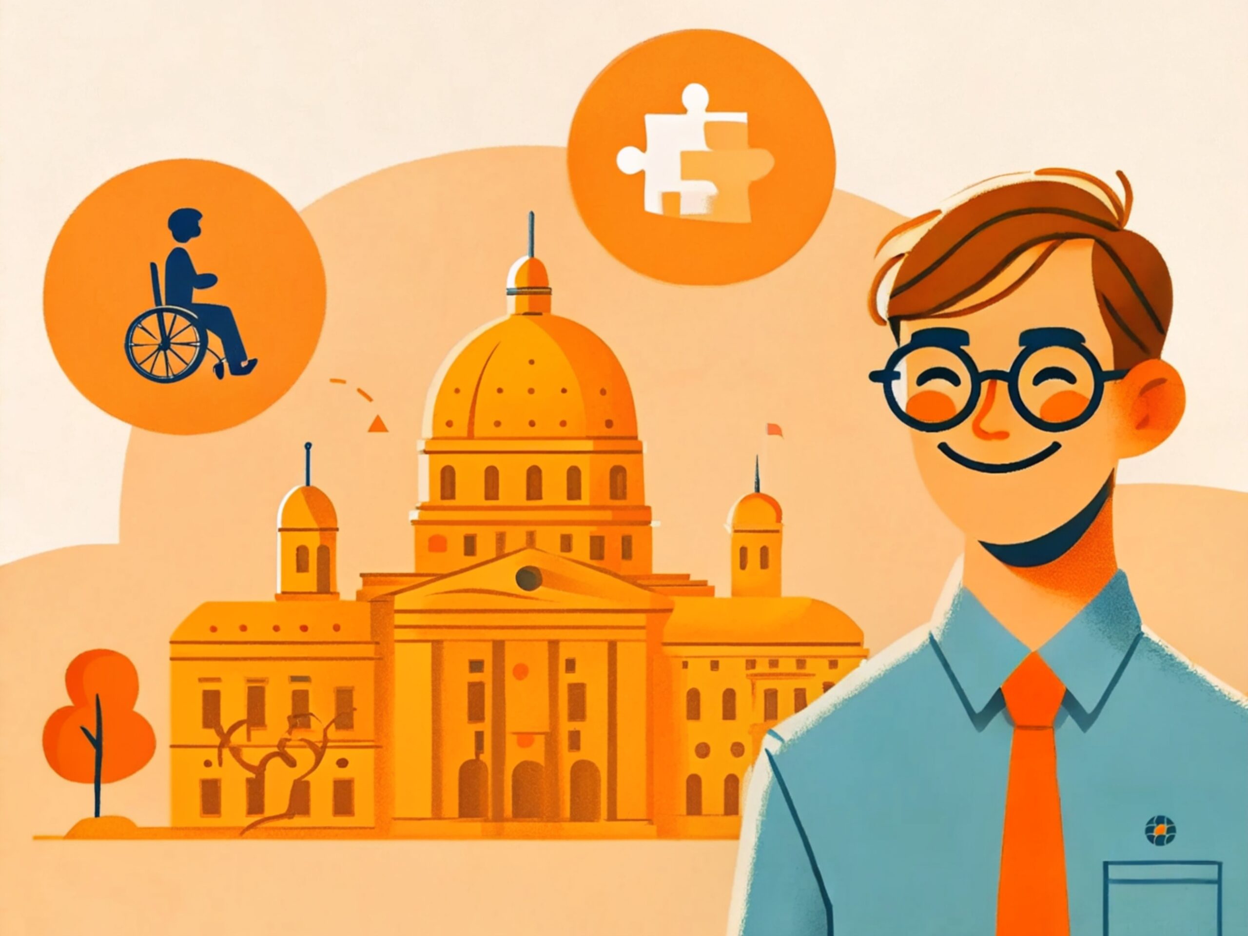 Abstraktes Bundeshaus, Peter Inklusis steht davor. Darüber schweben Puzzleteile. Steht sinnbildlich dafür, dass die Politik eine Schlüsselrolle in der Inklusion in der Schweiz übernimmt.