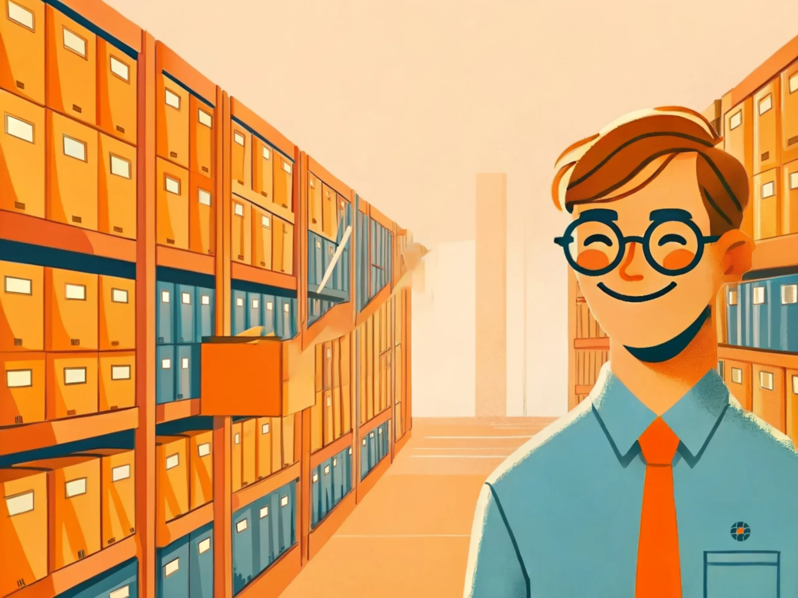 Eine Person räumt ein grosses Archiv mit vielen Ordnern auf und bringt Struktur in die Ablage. Die Illustration steht für Ordnung, Klarheit und Fortschritt in Orange- und Blautönen.