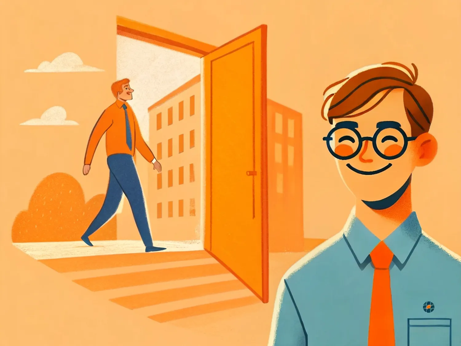 Eine Person läuft durch eine Tür an ihren externen Arbeitsplatz, bei welcher Integration & Inklusion hochgeschrieben wird.