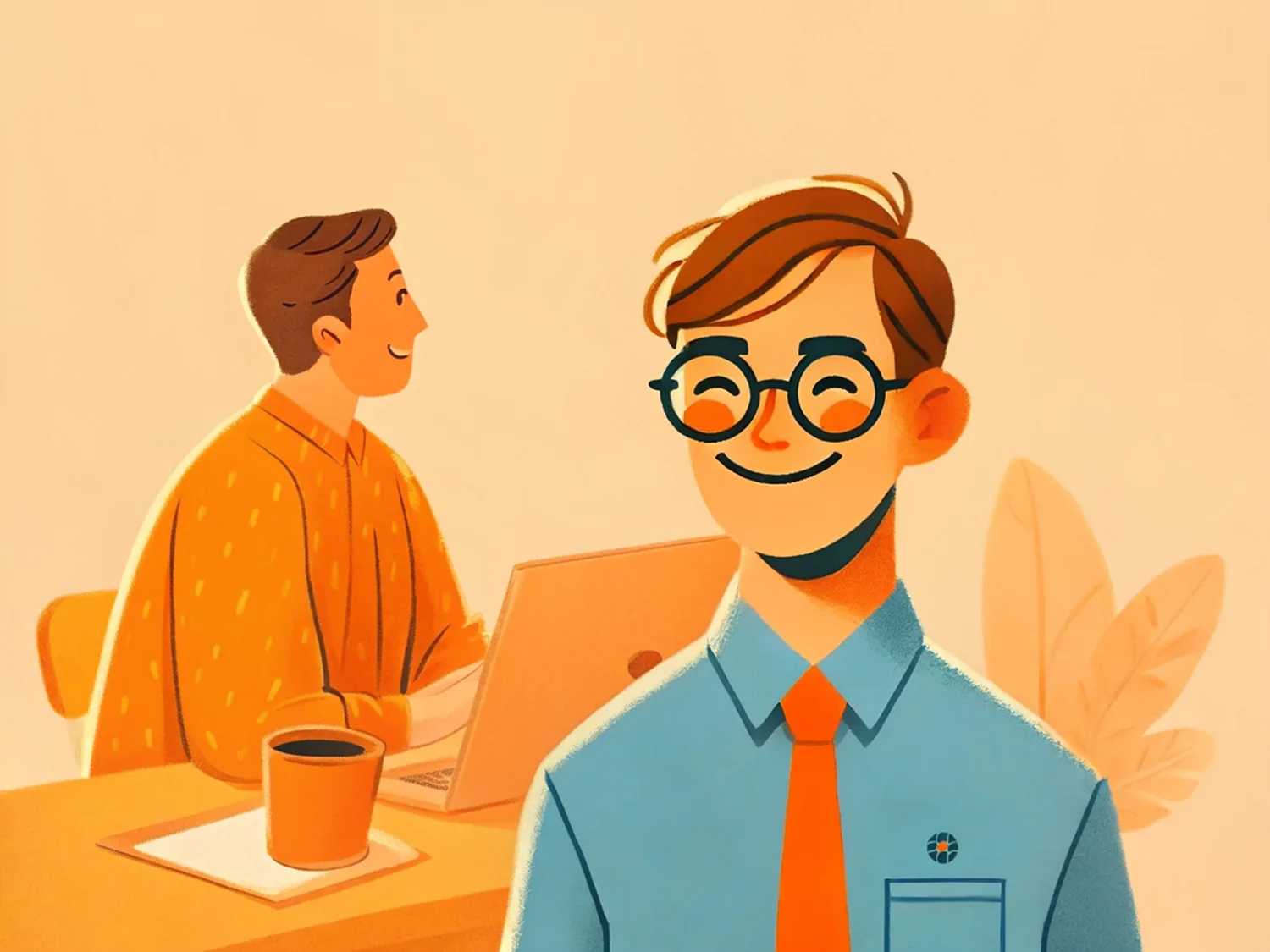 Illustration eines Job Coaches, der in einem freundlichen Gespräch mit einer Klientin an einem Tisch sitzt. Warme Orange- und Blautöne betonen ein professionelles und unterstützendes Setting.