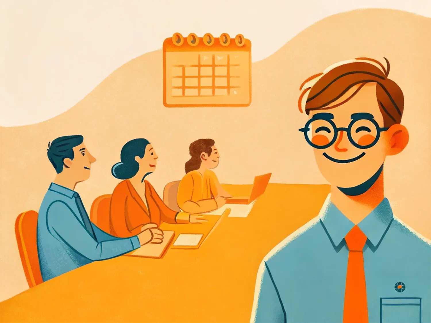 Mitarbeitende und ein Partnerbetrieb sitzen gemeinsam an einem Tisch und tauschen sich aus. Die Illustration steht für regelmässige Zusammenarbeit und offenen Dialog in Orange- und Blautönen.