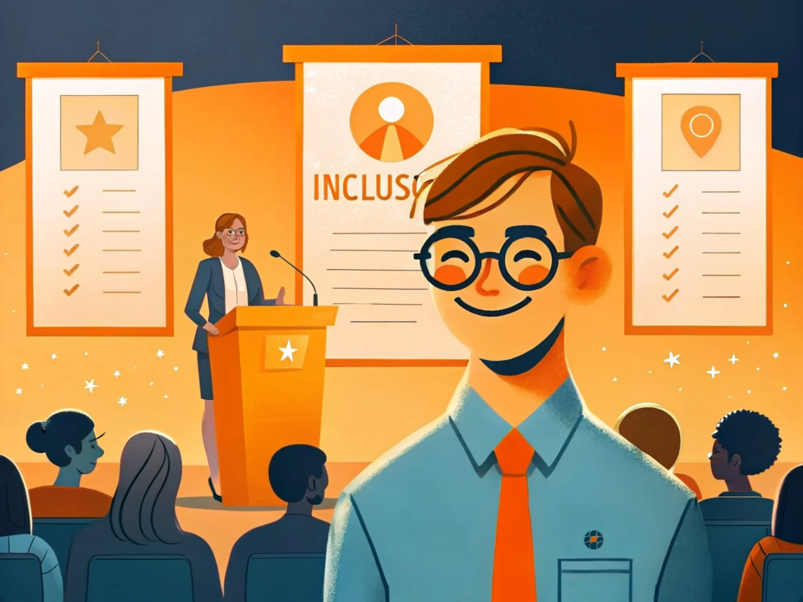 Ein CEO präsentiert vor einem Publikum eine Inklusionsstrategie. Die Illustration zeigt Führungskompetenz, Offenheit und Engagement – in einem professionellen Stil mit Orange- und Blautönen gehalten.